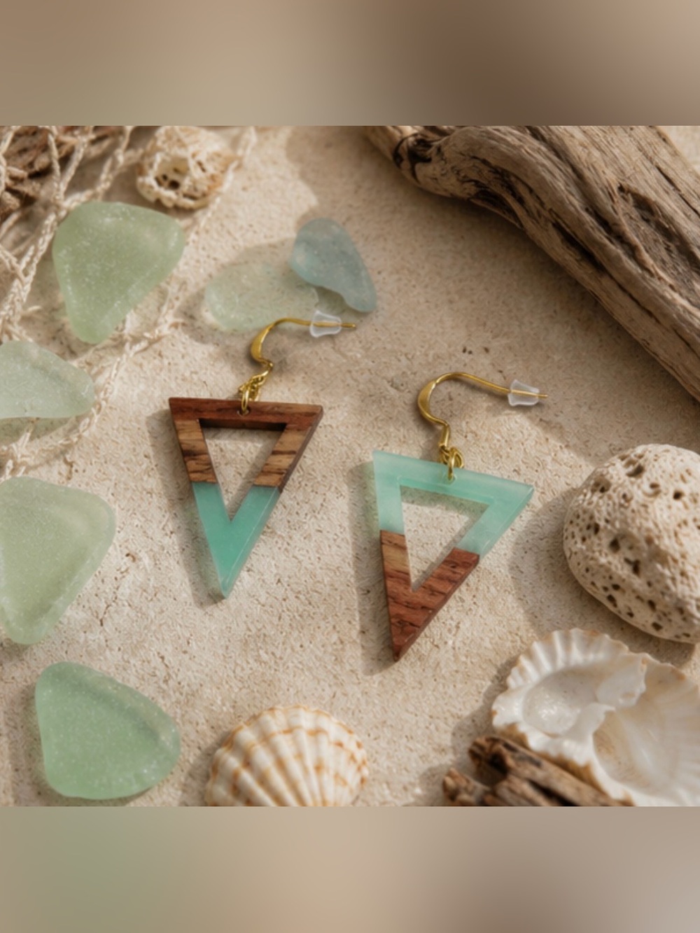 Hand Crafted Wood & Mint Geometric Triangle Earrings